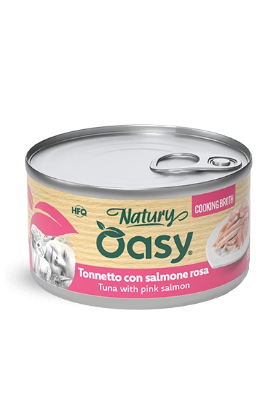 Oasy Gatto Brodo Di Cottura Tonnetto Con Salmone Rosa Lattina 85 Gr