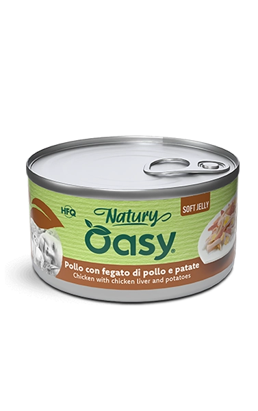 Oasy Gatto Jelly Pollo Con Fegato di Pollo E Patate Lattina 85 Gr